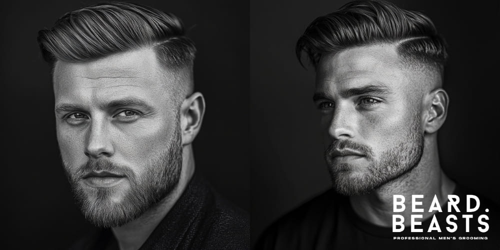 Two stylish men with textured side part haircuts, showcasing sharp, defined parting lines and voluminous, textured tops. The left image features a man with a classic textured side part, short faded sides, and a well-groomed beard. The right image highlights a modern take on the textured side part with a clean fade, natural hair movement, and a rugged beard. Both hairstyles embody a blend of classic grooming and contemporary style, presented under the Beard Beasts Professional Men's Grooming brand.