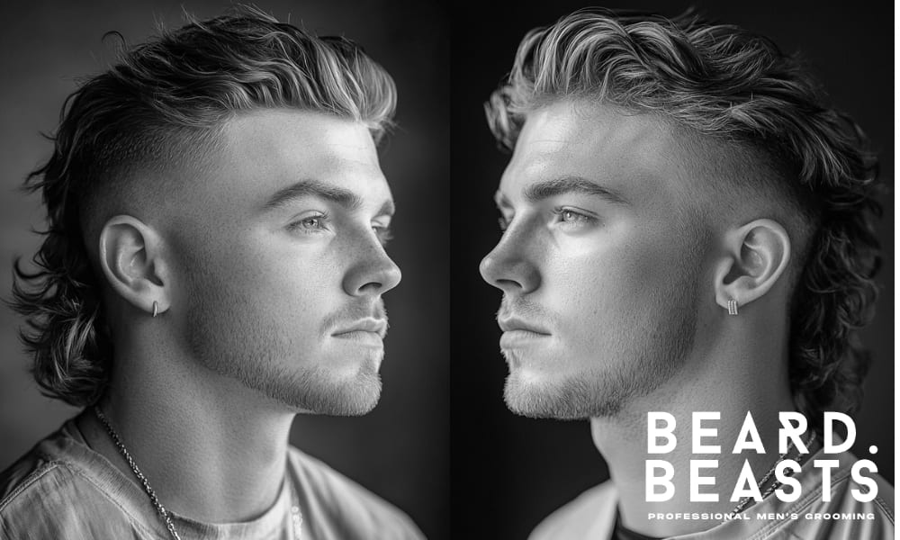 Black and white image showcasing two men with textured skin fade mullet hairstyles. The sharp skin fade on the sides contrasts with the voluminous, wavy length at the back, highlighting a modern take on the classic mullet.