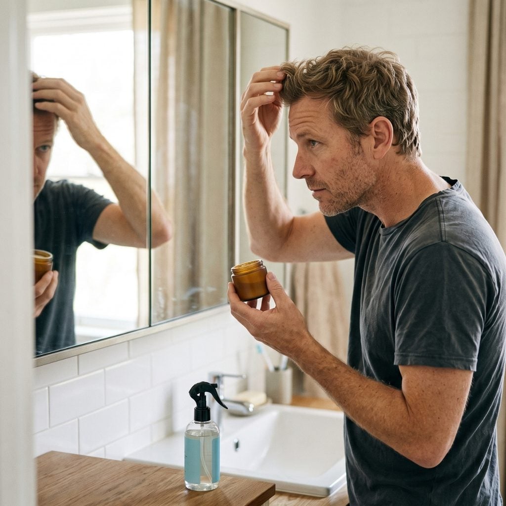 Man styling his hair with texture powder while sea salt spray sits on the counter