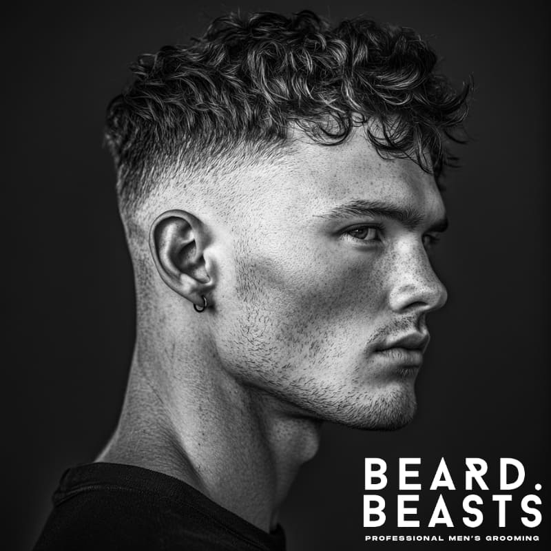 Side profile of a man with softly waved hair on top and a clean high fade, wearing a hoop earring and dark clothing.