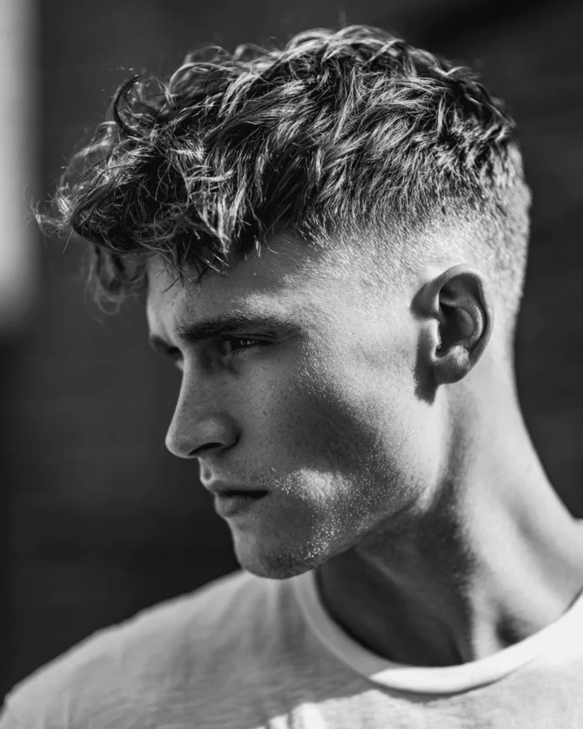 Wavy messy textured crop with natural wave movement and short faded sides