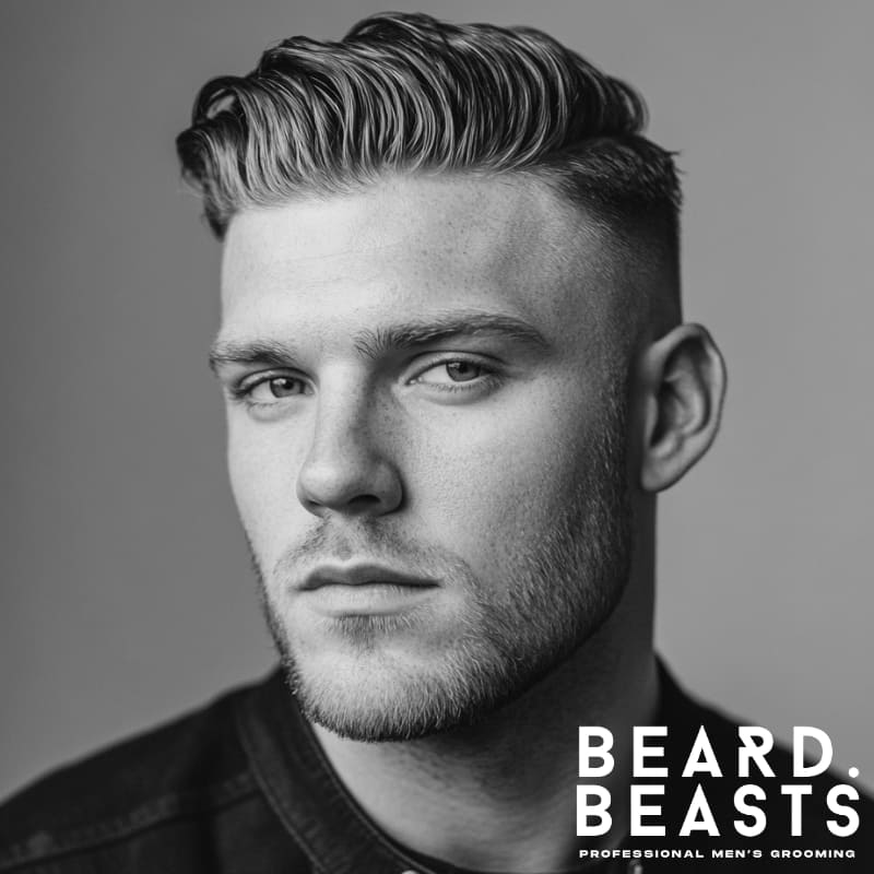 Man with a wavy top drop fade comb over, featuring soft waves styled back and to the side, with a clean, curved fade around the ears.