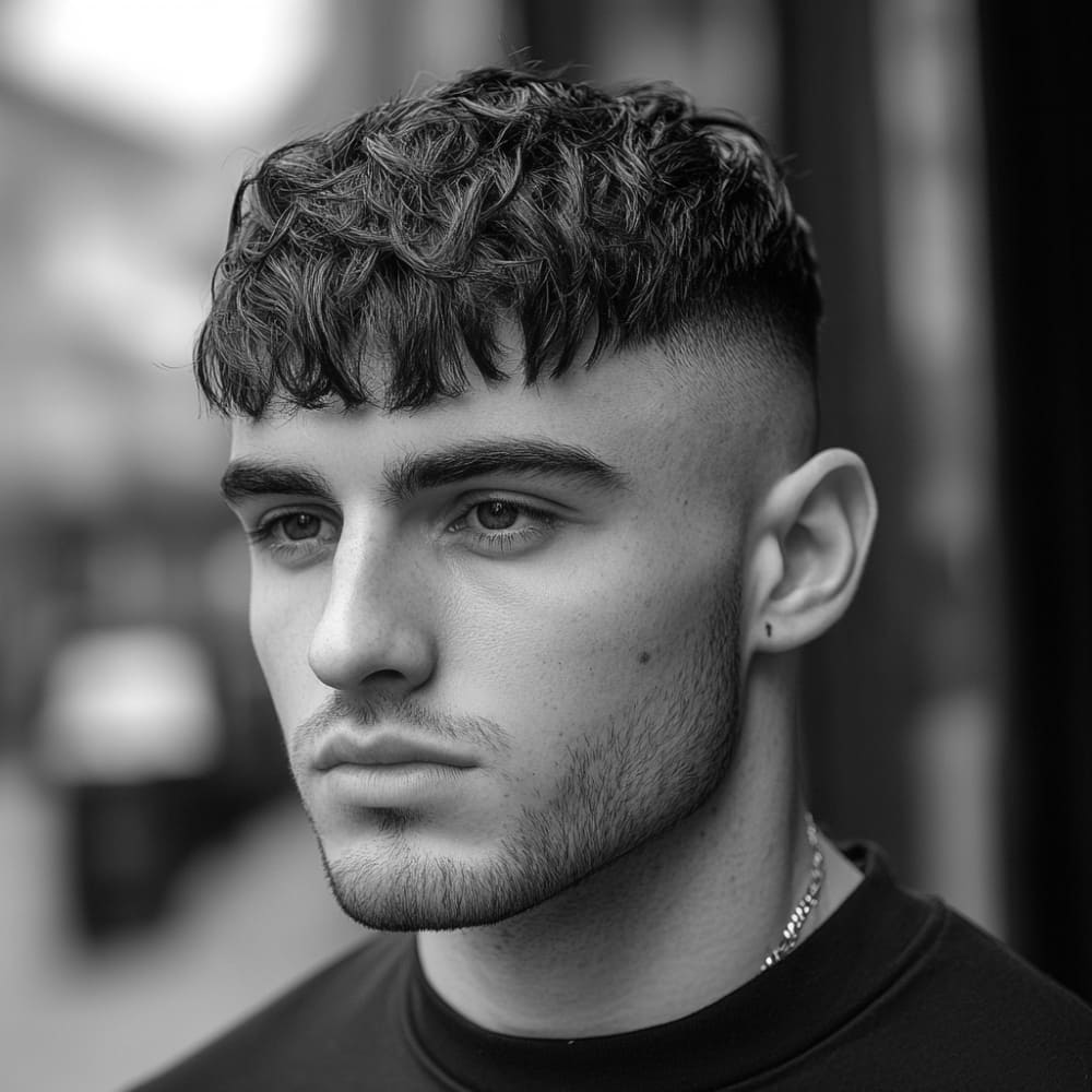 Black and white image of a young man with a wavy French crop hairstyle featuring a high fade. The top is styled with natural, tousled waves, creating a textured look that enhances volume. The sides are sharply faded, starting high on the head and blending seamlessly into the wavy top. The fringe is slightly choppy and styled forward, highlighting the classic French crop elements. This hairstyle strikes a balance between casual and polished, offering a modern and versatile look for men.