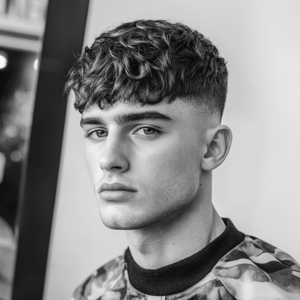 Black and white image of a young man with a wavy French crop hairstyle featuring a mid fade. The haircut showcases natural, tousled waves on top, with a smooth and gradual transition to shorter, faded sides. The hairstyle strikes a balance between a casual and polished look, highlighting the textured waves and clean fade. The wavy French crop with a mid fade is perfect for men seeking a modern and versatile style.