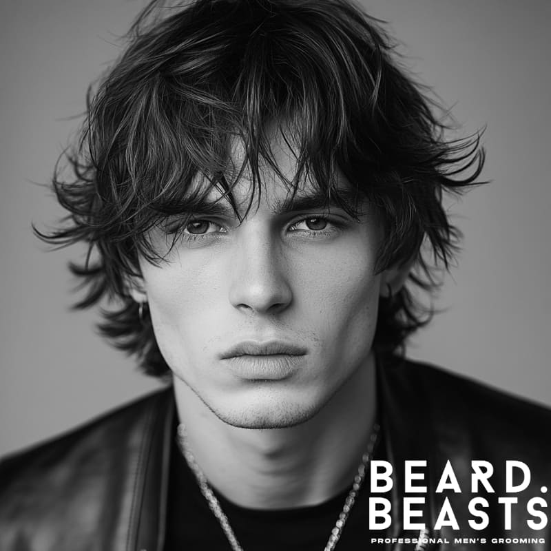 Man with a wavy shag haircut featuring layered texture and fringe, showcasing one of the most stylish men’s long haircuts for thick hair.