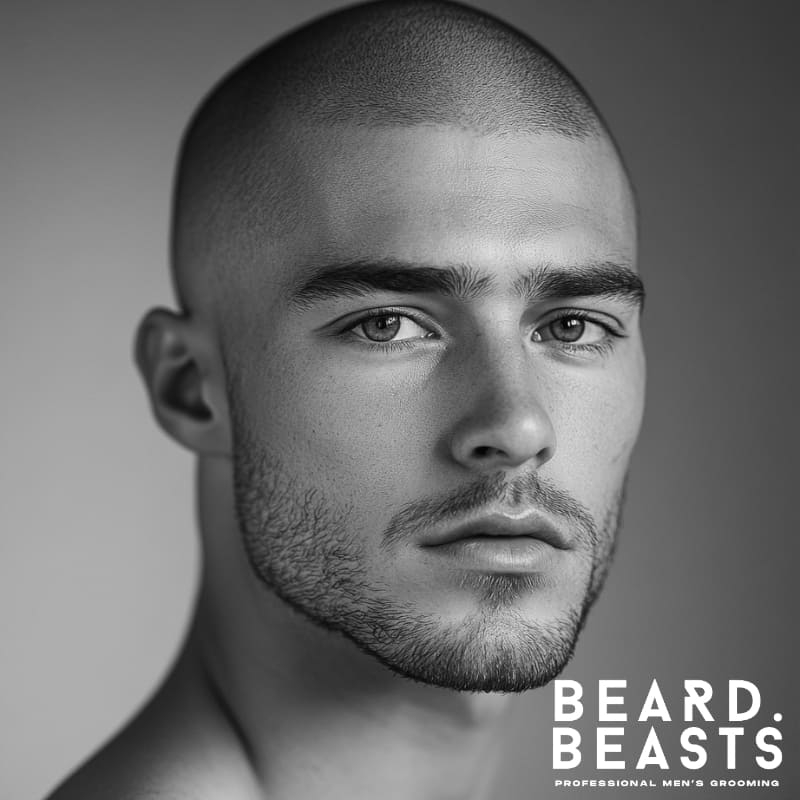 Close-up portrait of a young man with an induction cut, showcasing a clean, uniform buzzed hairstyle and neatly groomed facial hair, representing a minimalist and low-maintenance men's grooming style – Beard Beasts branding visible.
