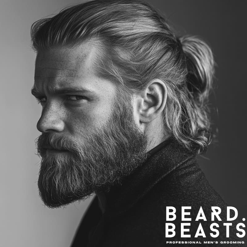 Side profile of a man with a half-up ponytail and full classic beard, showcasing the Half-Up Ponytail and Classic Beard style combo for men – Beard Beasts professional men's grooming.