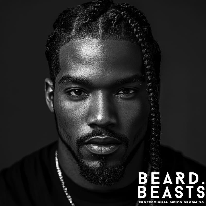 Black man with braided rows and a sharp goatee, showcasing the Braids and Goatee style combination.