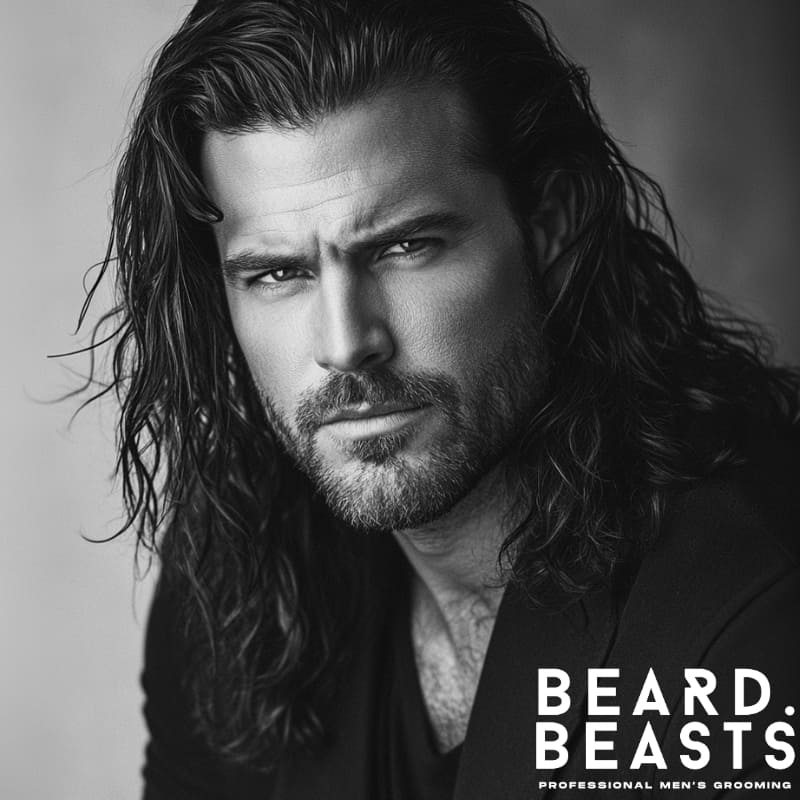 Black and white portrait of a handsome man with long flowing hair and heavy stubble, styled in a rugged yet polished look — modern men’s grooming inspiration by Beard Beasts.