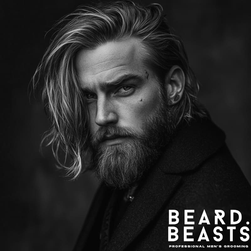Black and white portrait of a man with long layered hair swept over one eye and a full beard with a faded blend, highlighting the Long Layered Hair and Beard Fade style for men. Grooming by Beard Beasts.