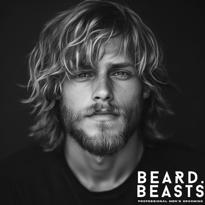 Black and white portrait of a young man with a long shag haircut and natural beard, showcasing tousled textured layers with curtain bangs and a full, untrimmed beard, representing the relaxed Long Shag Cut + Natural Beard style for men – Beard Beasts.
