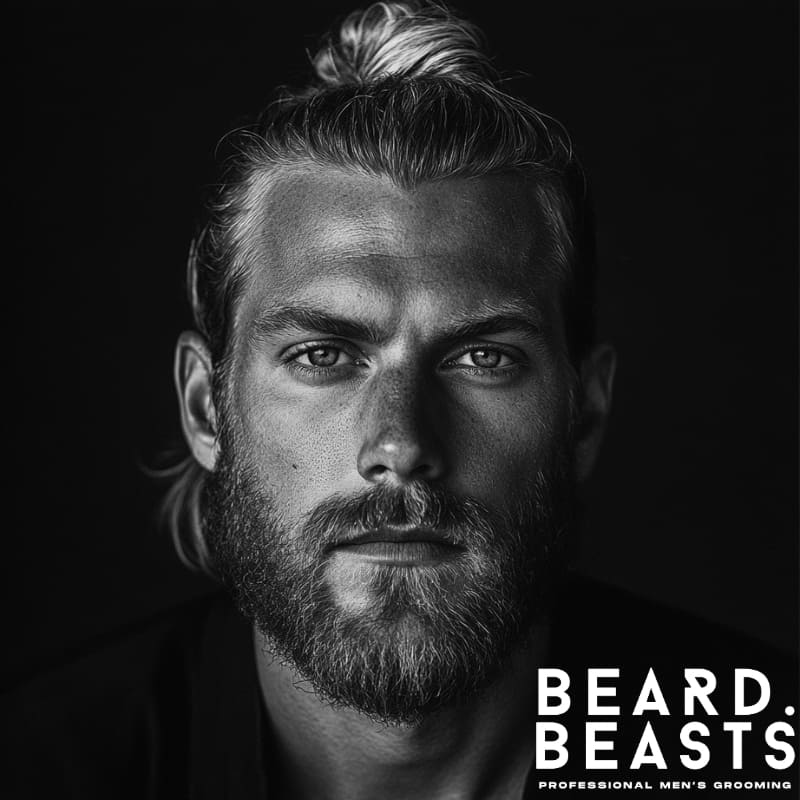 Black and white portrait of a man with a high man bun and a full, sharply defined boxed beard, showcasing a bold and clean men's long hairstyle and beard style combination by Beard Beasts.
