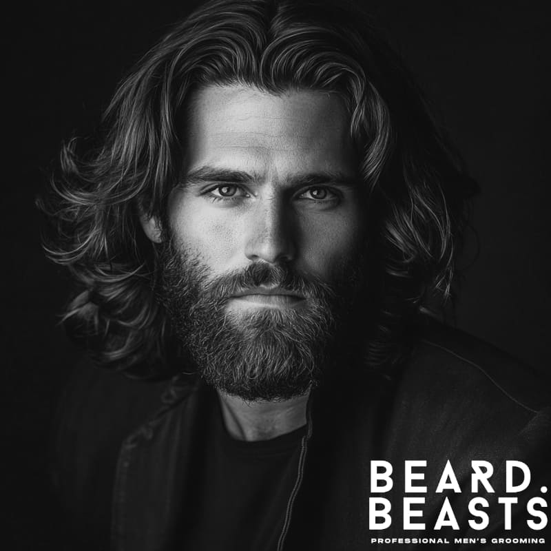 Bearded man with thick, shoulder-length layered hair and full beard, wearing a black shirt — representing the Shoulder-Length Layers + Full Beard style for men by Beard Beasts.