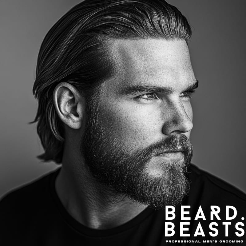 Black and white portrait of a man with slicked-back long hair and a faded beard, showcasing a clean, polished men’s hairstyle with a structured fade and sleek texture—perfect for professional and modern grooming styles. Features Beard Beasts professional men's grooming branding.