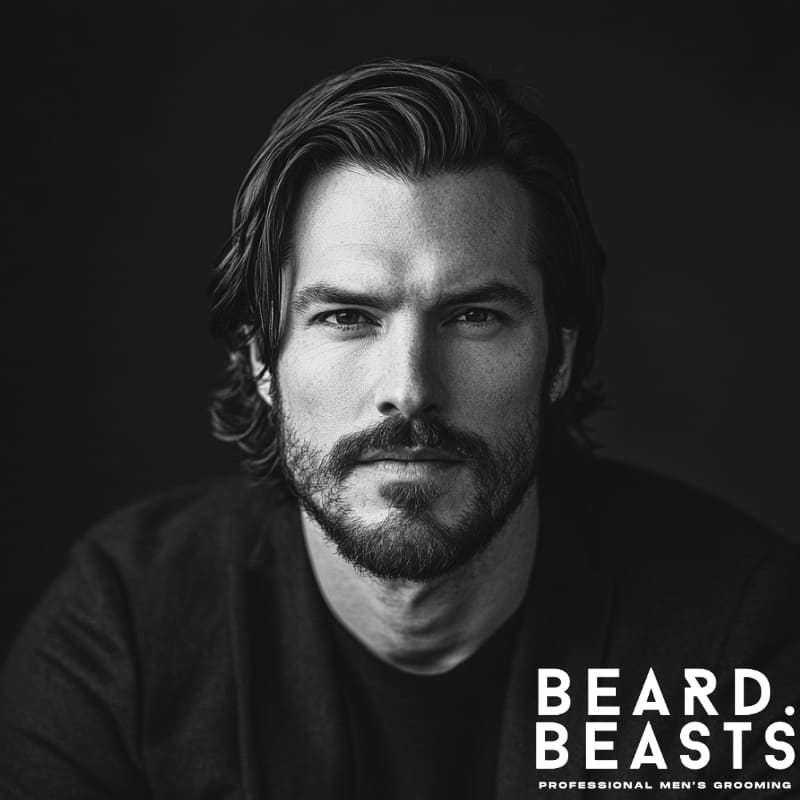 Black and white portrait of a confident man with straight shoulder-length hair and a neatly groomed short beard — Beard Beasts professional men’s grooming.