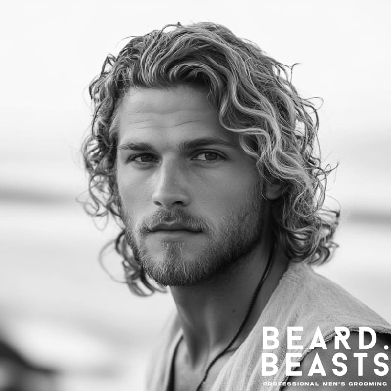 Black and white portrait of a young man with surfer waves and a short beard, showcasing a relaxed long hairstyle with natural curls and well-groomed facial hair—perfect example of a beach-inspired men's long hair and beard style combo. Branded with Beard Beasts professional men's grooming logo.