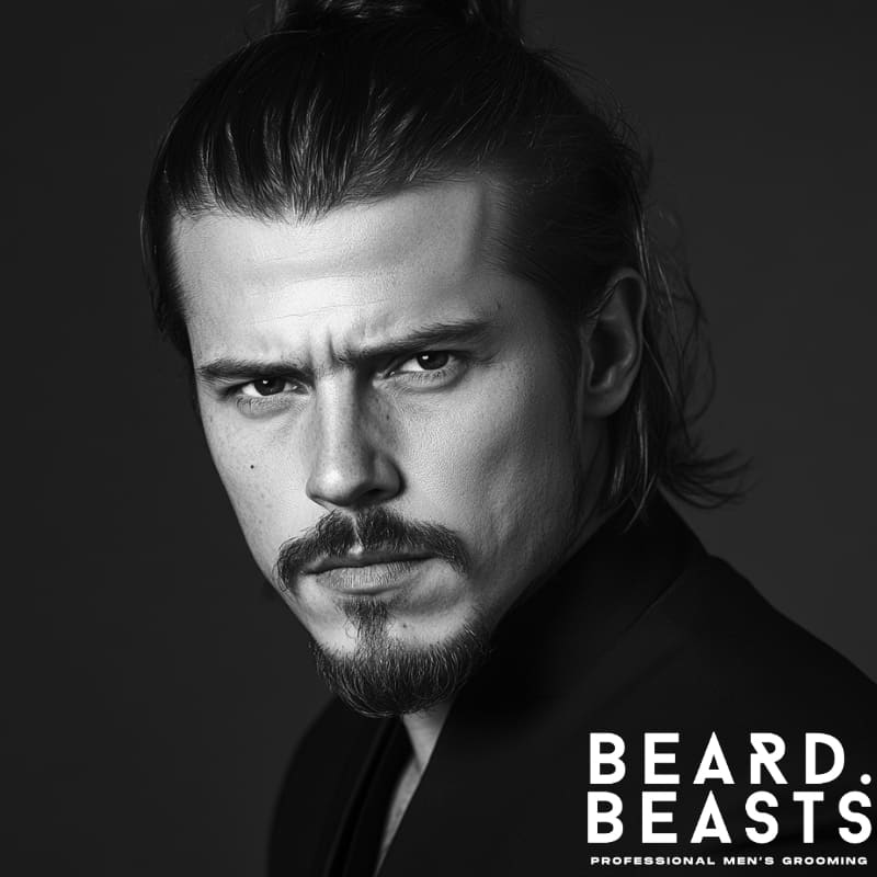 Black and white portrait of a stylish man with a tied-back bun and a sculpted goatee, showcasing the Tied-Back Bun and Sculpted Goatee style for men.