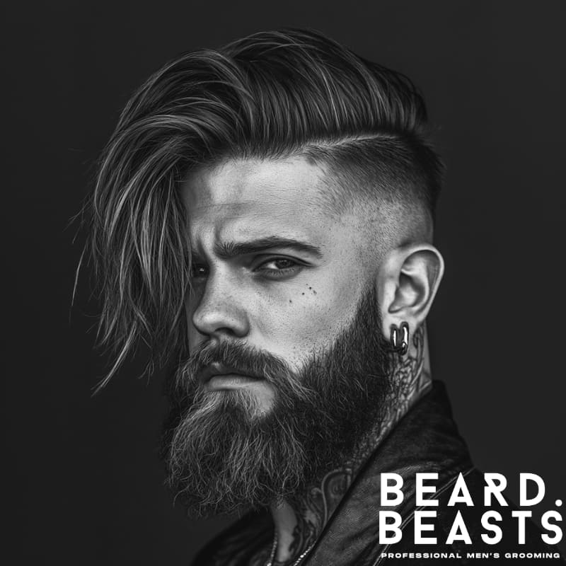 Black and white portrait of a stylish man with an undercut and voluminous long top hairstyle paired with a full thick beard, featuring sharp fade sides, earrings, and a confident expression — edgy men's grooming style by Beard Beasts.