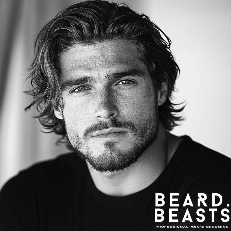 Black and white portrait of a handsome man with windswept medium-length hair and a patchy beard, showcasing a relaxed long hair and beard style for men, Beard Beasts logo in bottom corner.