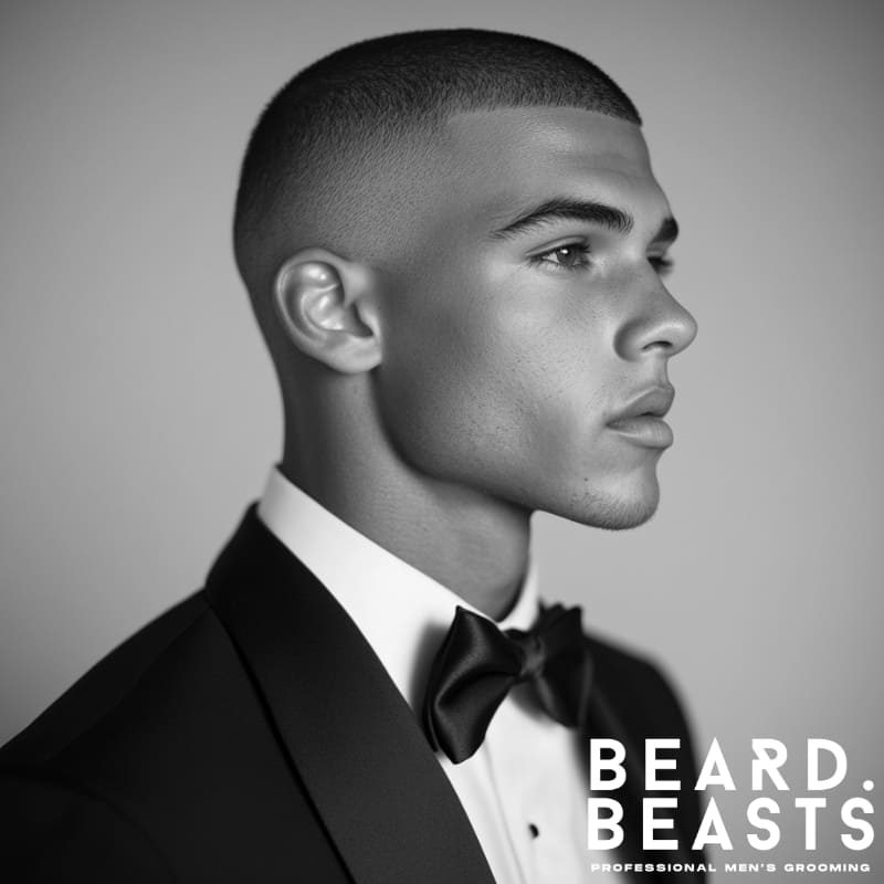 Young man in a tuxedo with a buzz cut and skin fade prom hairstyle, showcasing a clean, bold, and confident look.