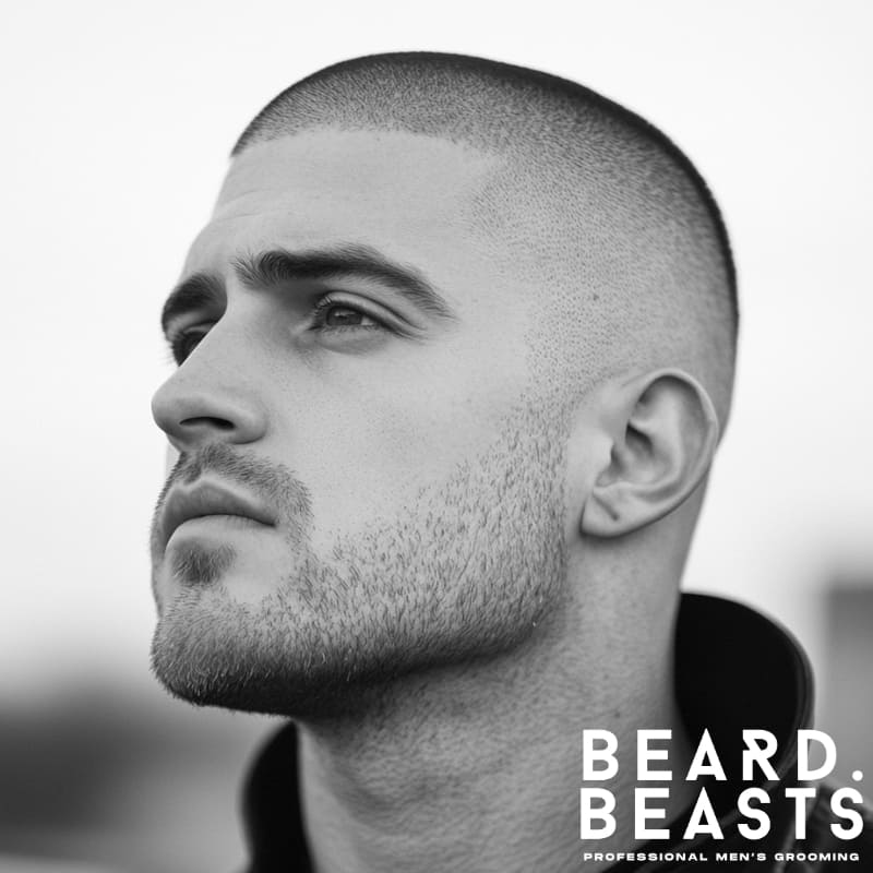 Close-up side profile of a man with a fresh buzz cut, showing a sharp jawline and clean men's summer hairstyle.