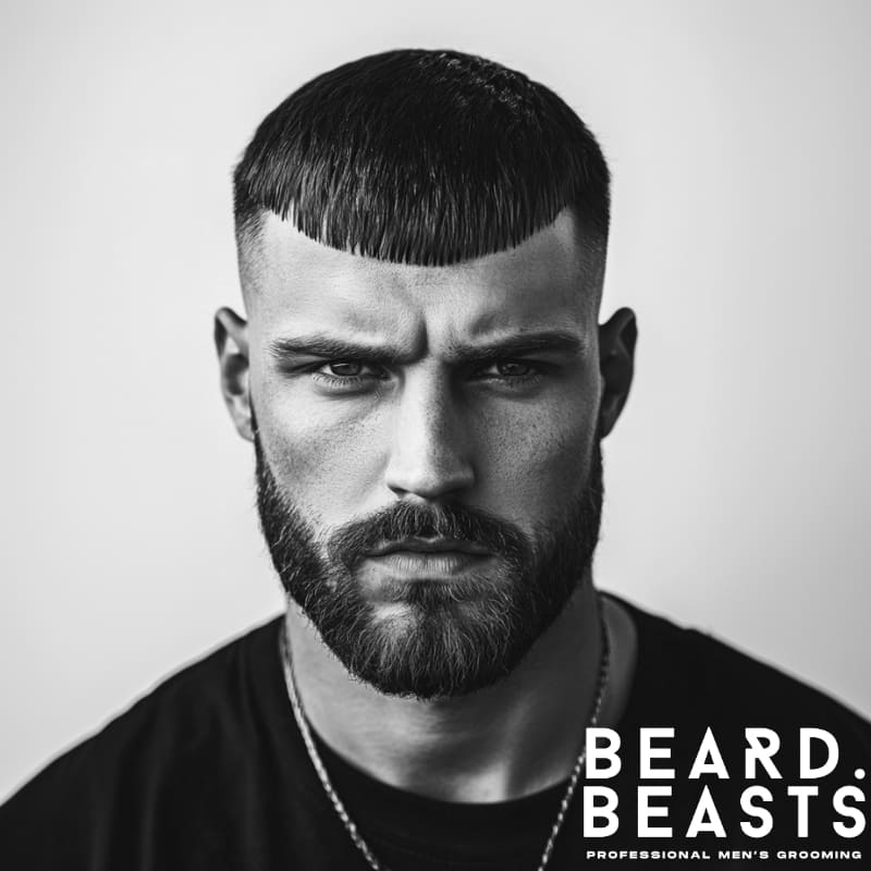 Caesar cut on a man with short straight hair—defined fringe and structured shape ideal for bold hairstyles for guys with short straight hair.