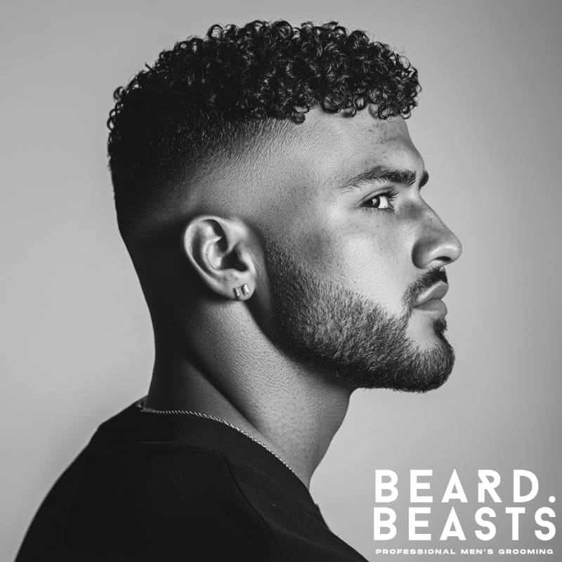 Side profile of a man with short defined curls and a clean skin fade, looking straight ahead with a serious expression.