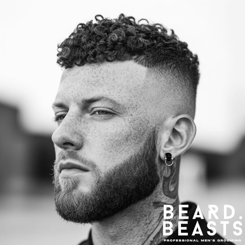 Black and white portrait of a man with curly hair and a high skin fade, featuring a shaped beard and neck tattoo, modern hairstyle by Beard Beasts