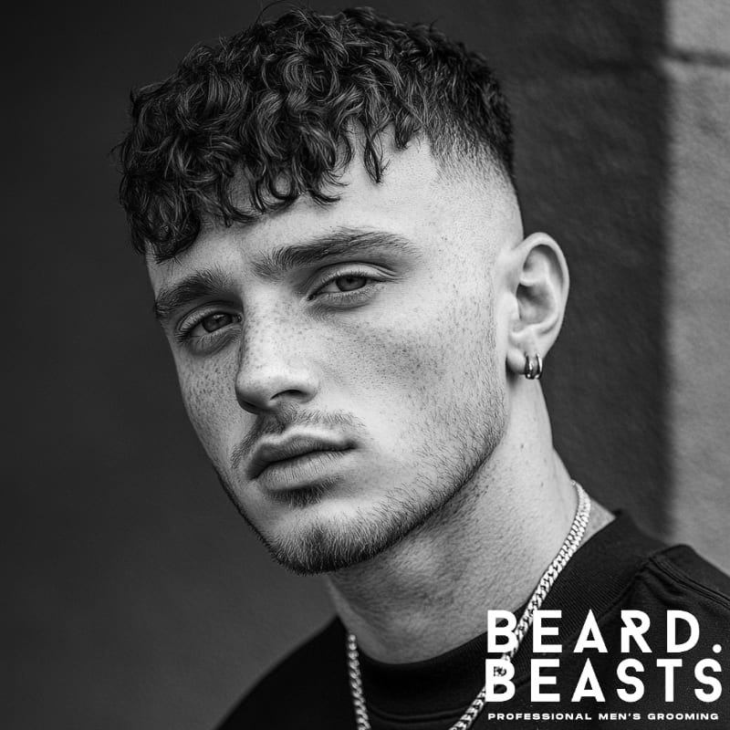 Black and white photo of a man with a curly long Caesar haircut, featuring defined curls on top and a clean skin fade on the sides.