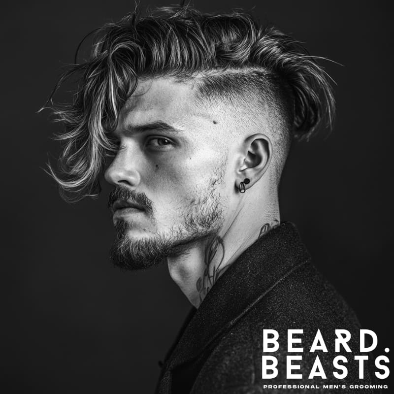 Side profile of a man with a curly top and disconnected undercut, showcasing long textured curls contrasted by shaved sides.