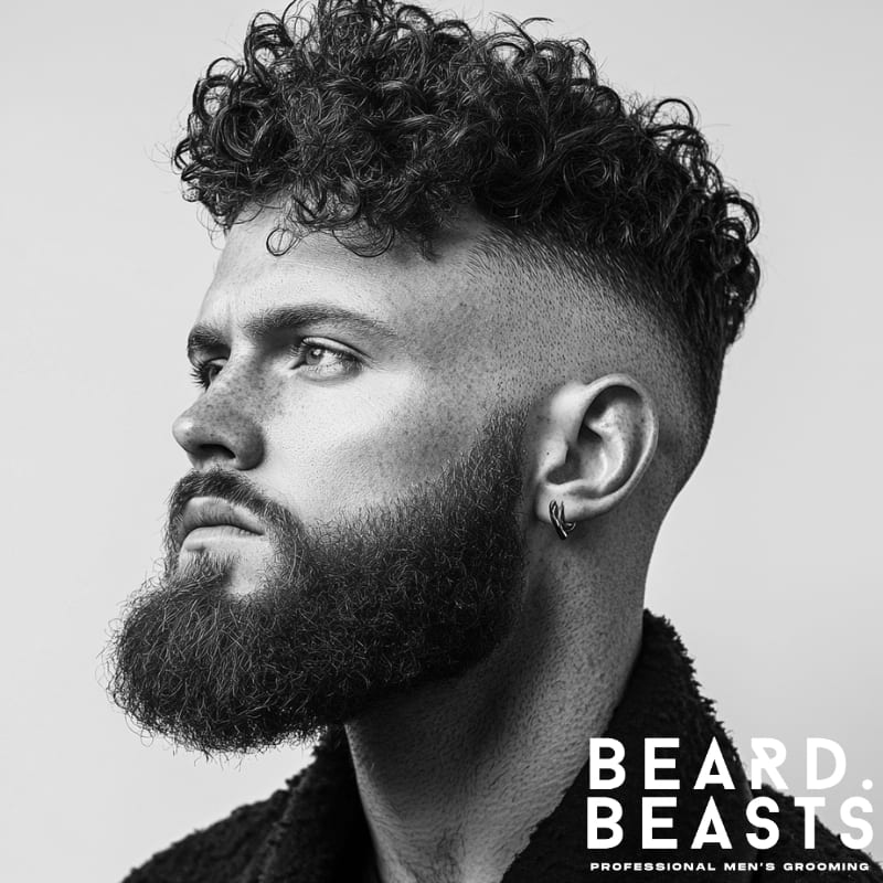 Side profile of a man with a curly undercut, thick beard, and high fade, showcasing sharp contrast and defined curls.