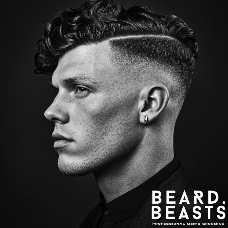 Side profile of a man with a curly undercut, high fade, and a hard part line separating the defined curls from the cleanly faded sides.