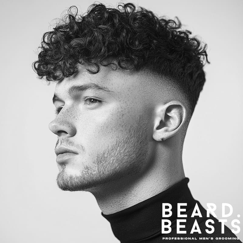 Side profile of a man with a drop fade curly undercut featuring rounded fade and dense curls on top, modern men’s hairstyle.