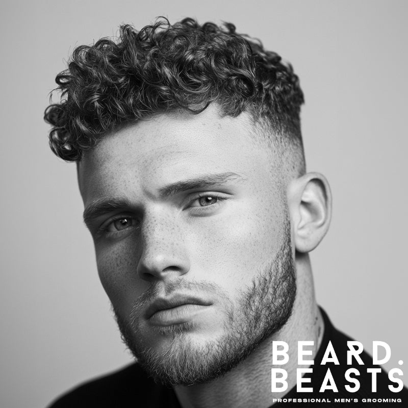 Black and white portrait of a man with a high curly fade haircut, a standout style among men’s summer haircuts for texture and airflow.