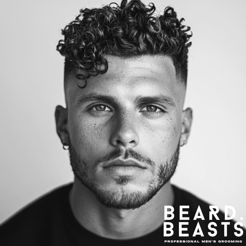 Close-up of a man with a high fade curly undercut featuring tight sides and voluminous defined curls on top, 2025 men’s hairstyle.
