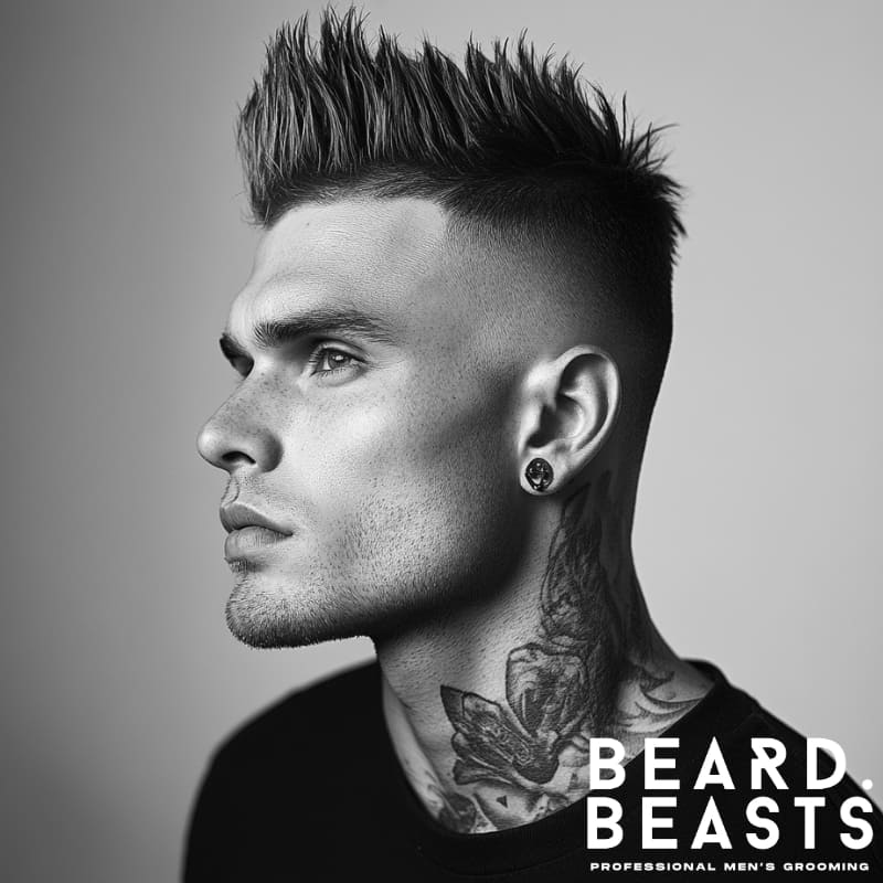 Side profile of a man with a high skin fade faux hawk hairstyle, styled in sharp textured spikes with clean faded sides, showcasing a bold modern look.