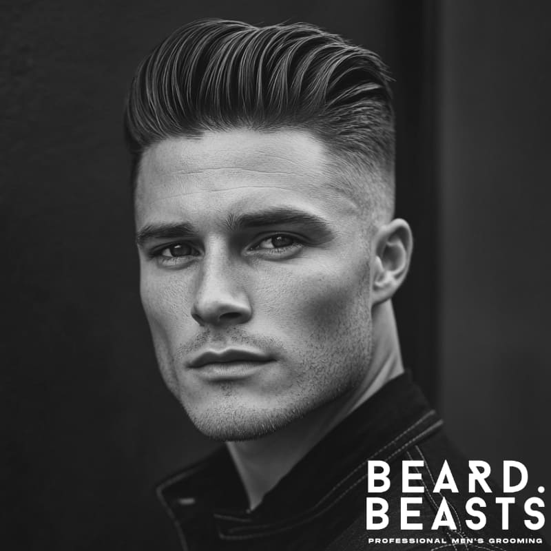 Man with a high skin fade pompadour hairstyle, featuring a voluminous swept-back top and sharp faded sides, modern men's haircut 2025