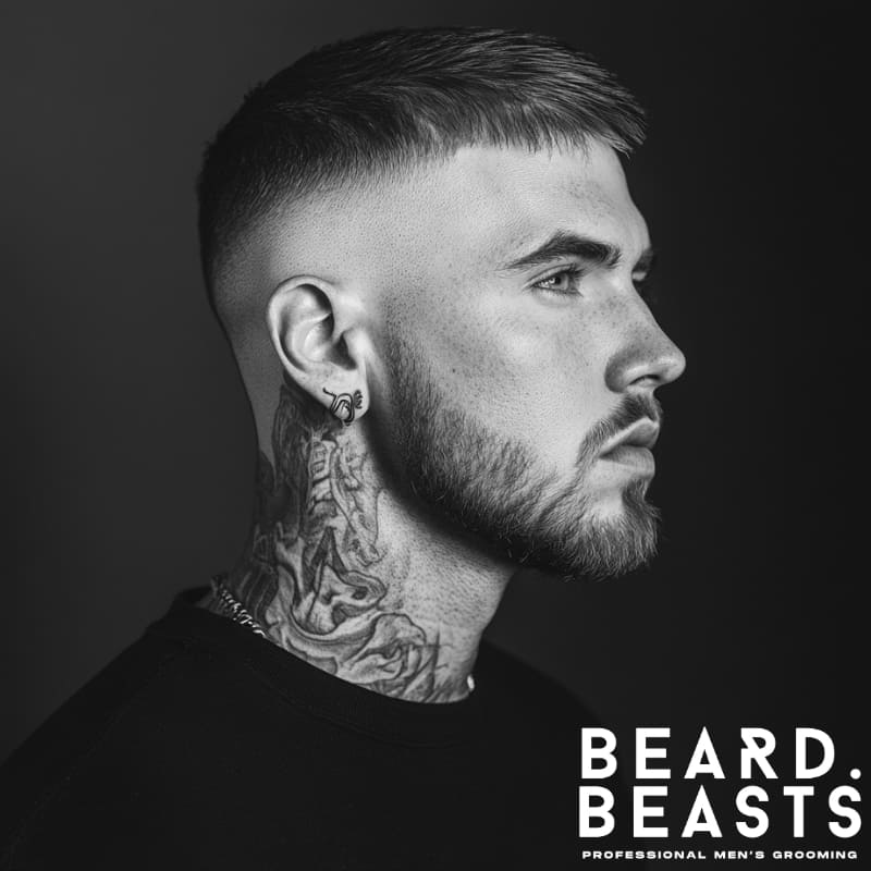 Black and white side profile of a man with a high skin fade and short crop haircut