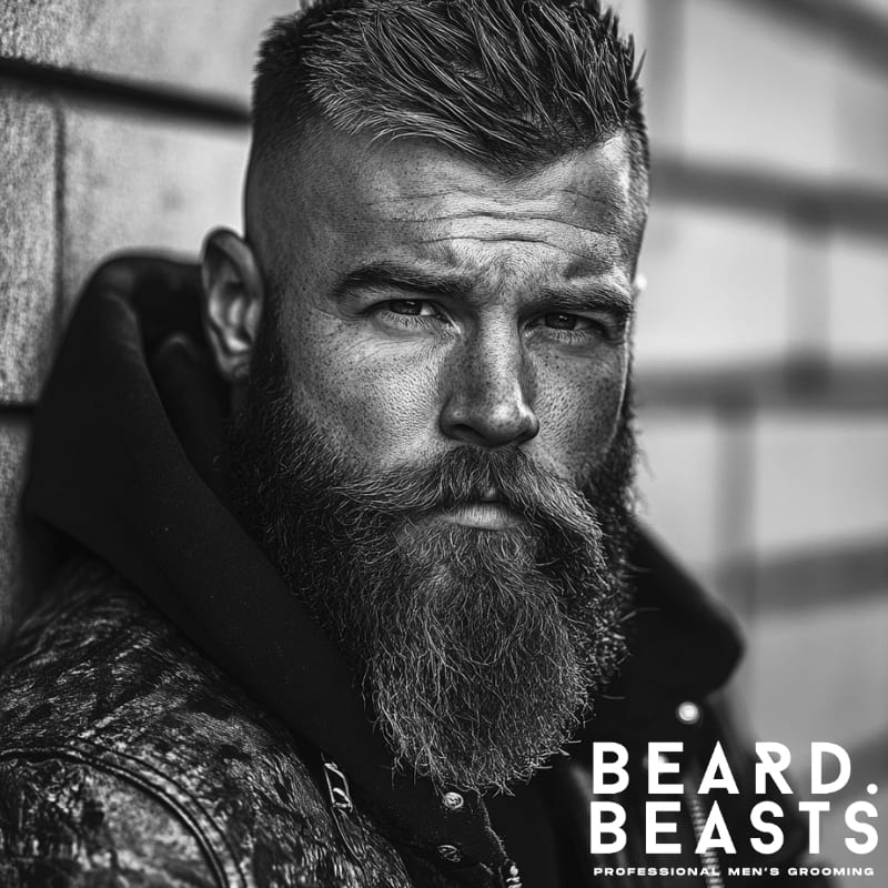 Man with thick full beard and sharp high skin fade haircut wearing hoodie and leather jacket – Beard Beasts rugged style inspiration