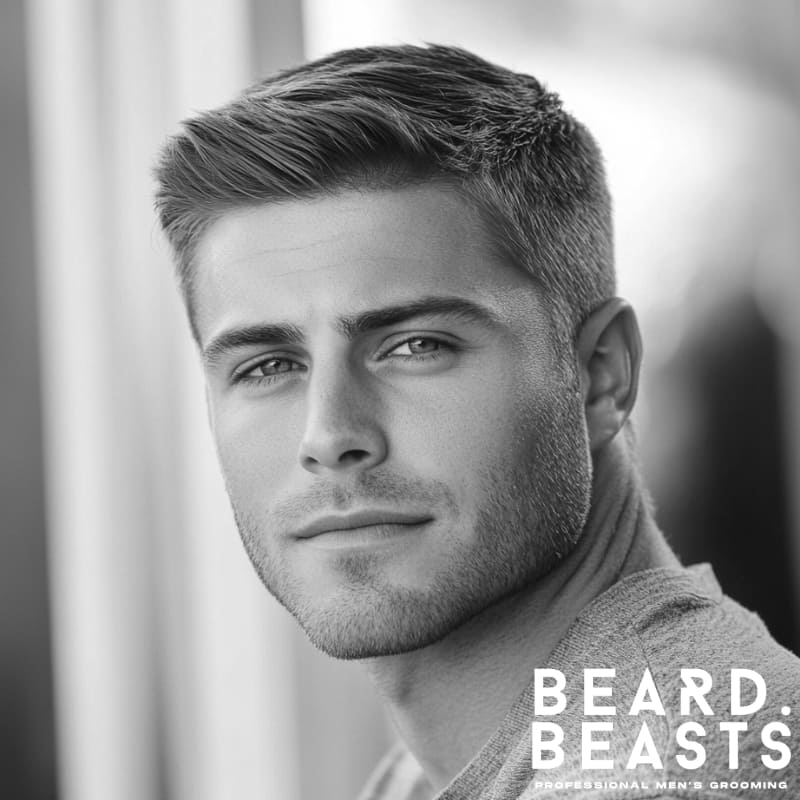 Close-up portrait of a man with an Ivy League cut, showcasing a clean and stylish option for men's summer haircuts.