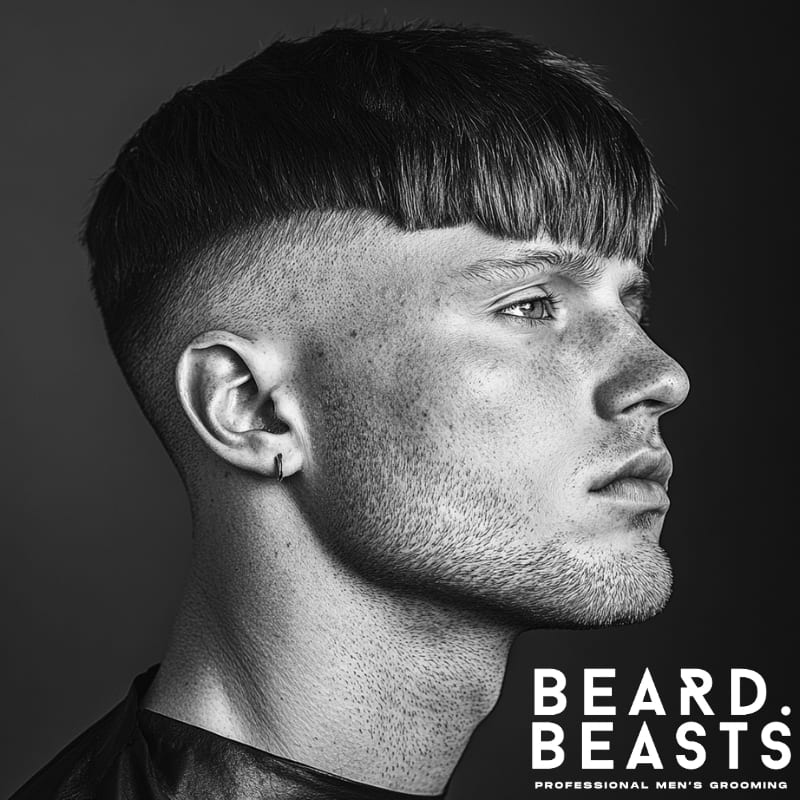 Side profile of a man with a long Caesar haircut and a drop fade, featuring a sharp fringe and clean taper around the ear.