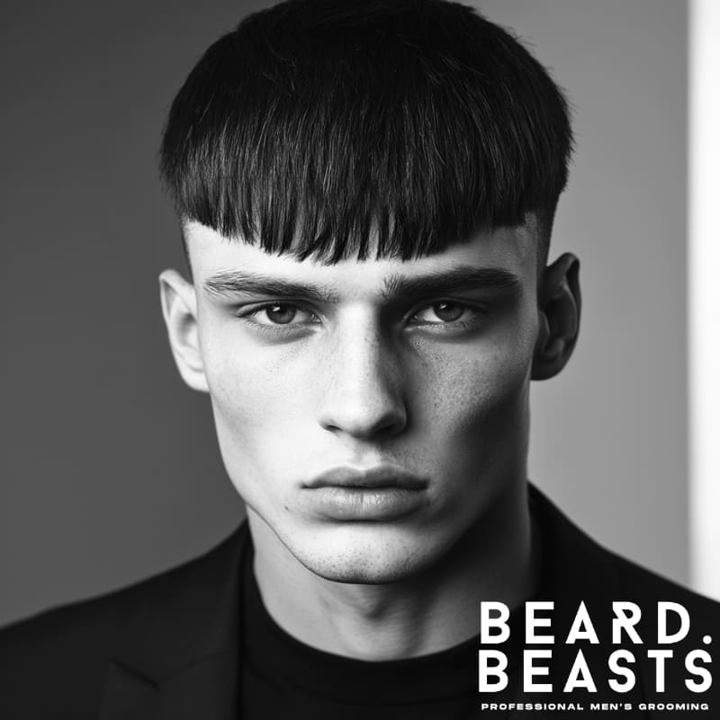 Close-up black and white portrait of a man with a long Caesar haircut featuring a blunt, straight fringe and uniform top—clean, structured, and styled with a minimalist edge.