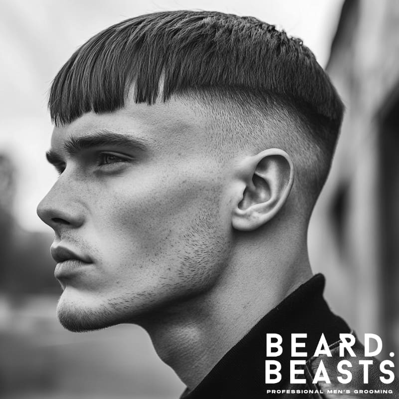 Side profile of a man with a long Caesar haircut and disconnected undercut, featuring a sharp fringe and clean high contrast sides.