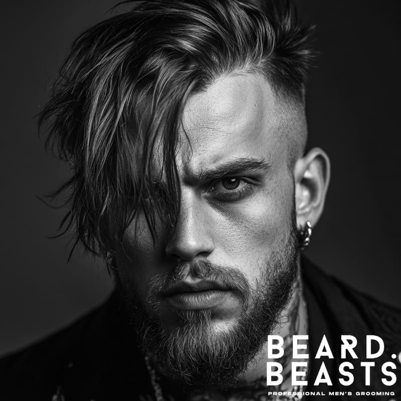 Edgy long fringe hairstyle with high skin fade on sides, worn by man with intense expression and beard – Beard Beasts style inspiration