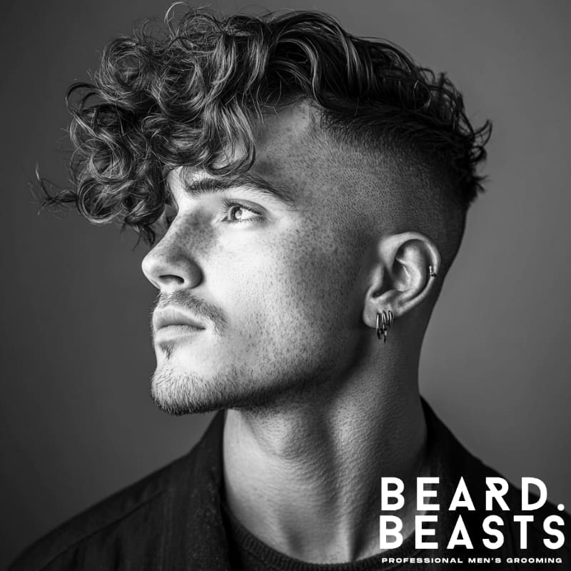 Black and white side profile of a young man with voluminous curly hair on top and short faded sides, wearing a dark shirt.