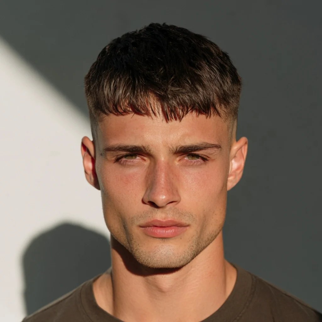 Men's French crop summer haircut with short faded sides and fringe