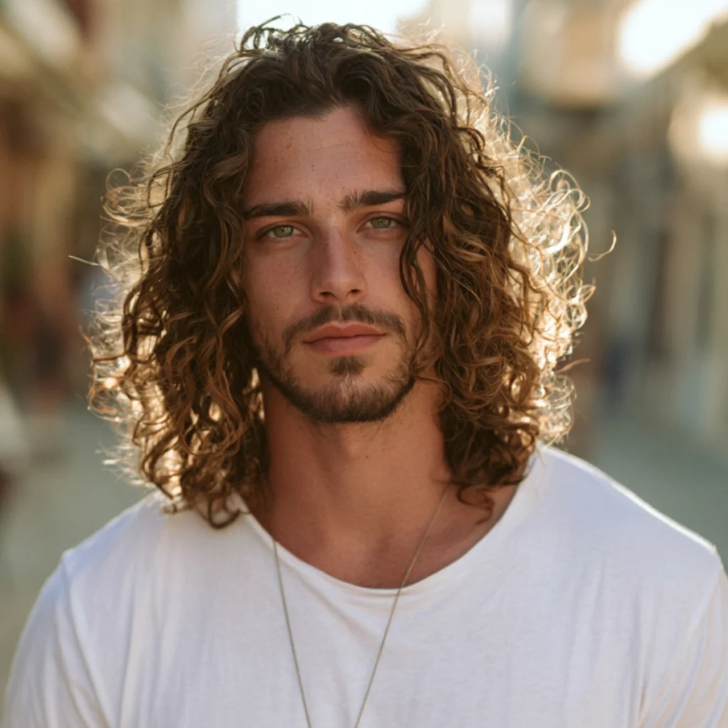 Men's long curly layered summer haircut with defined curls