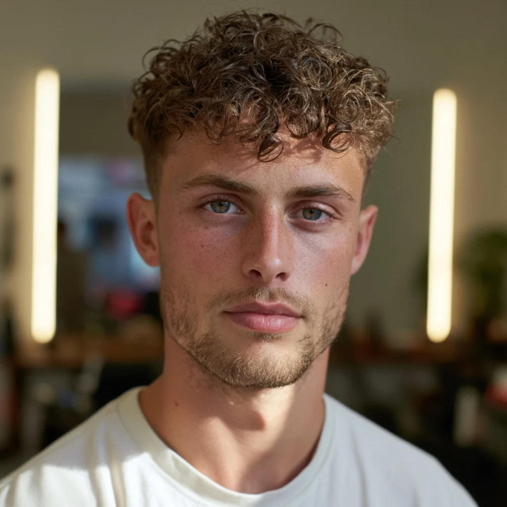 Men's short curly crop summer haircut with defined curls and short sides