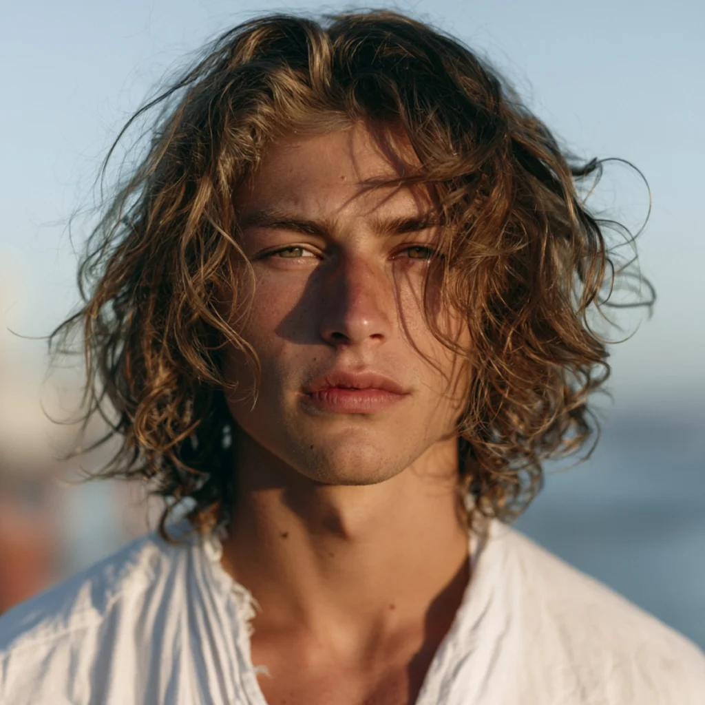 Men's shoulder-length wavy summer haircut with natural texture