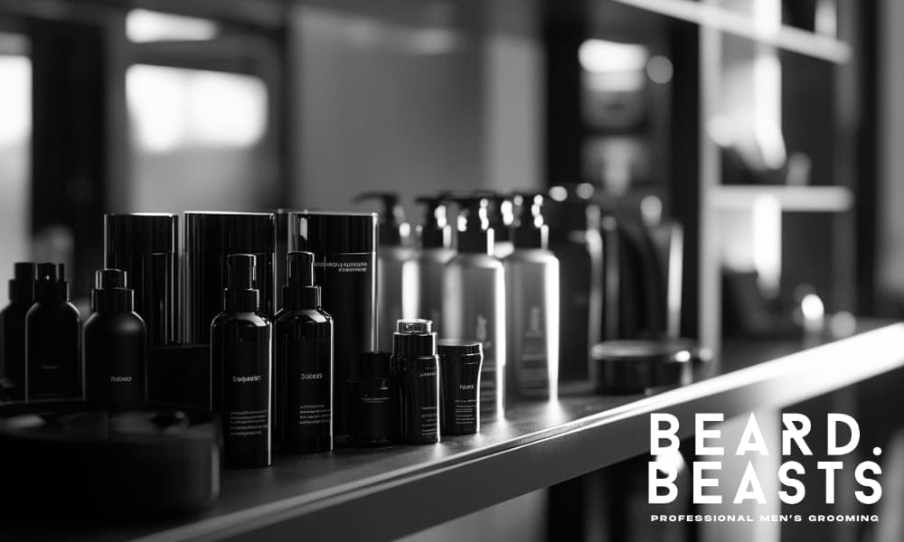 Shelf of premium men's grooming and styling products including pomades, sprays, and creams—ideal for modern men's hair care routines.